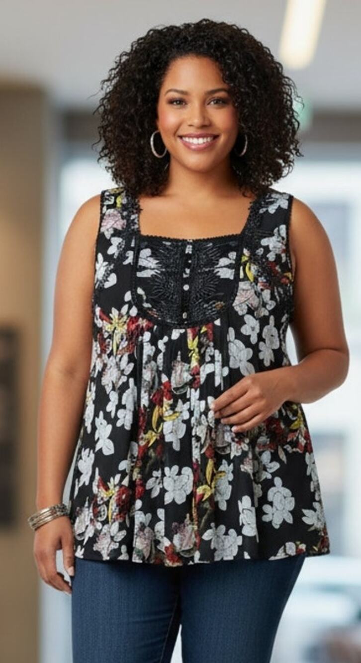 Roaman's Women 20W Black Floral Lace Accent Flowy Embroidered Coquette Tank top